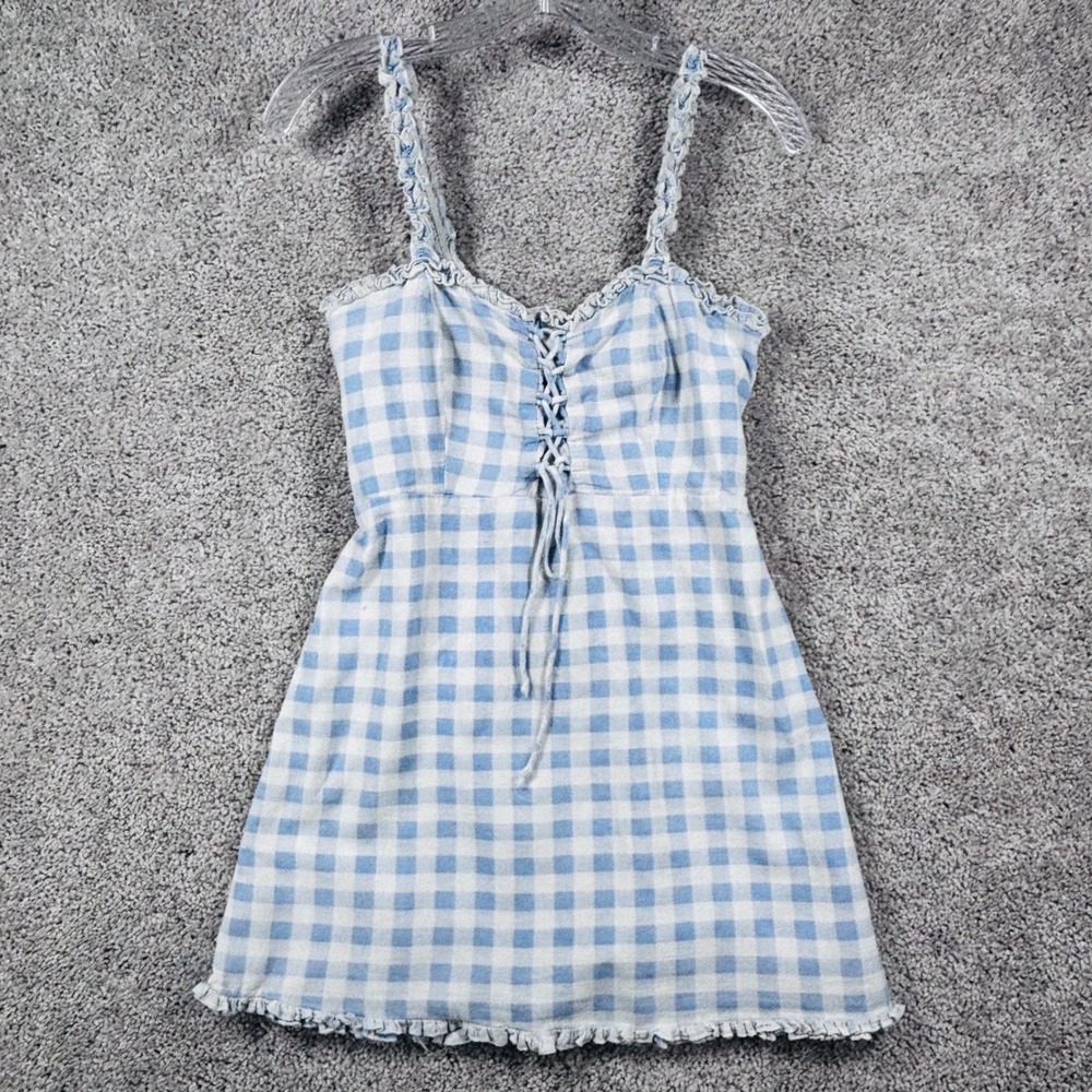 Urban Outfitters Blue Gingham Lace Up Ruffle Mini Dress‎ Small OB1210894